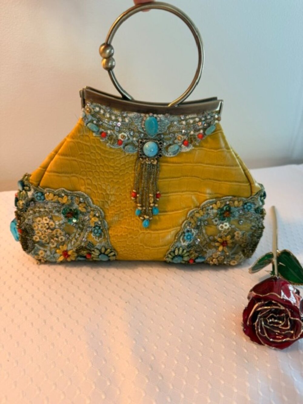 Authentic Mary Frances Yellow Beaded Embellished Frame Handbag with Chain Strap